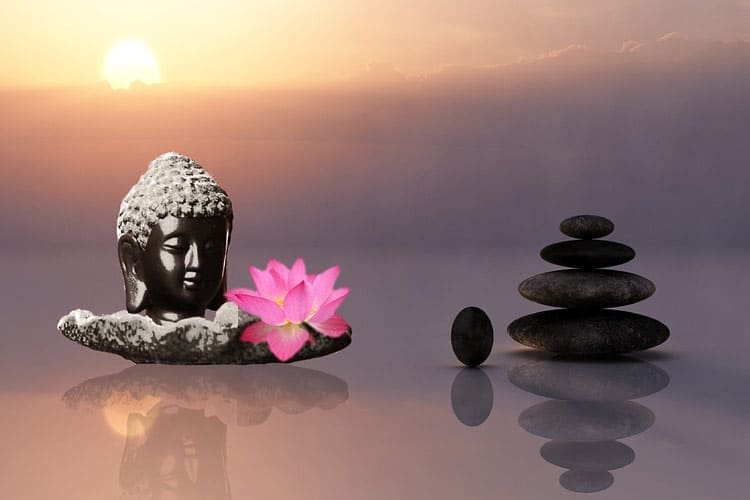 bilde av budda og blomster i vannflaten