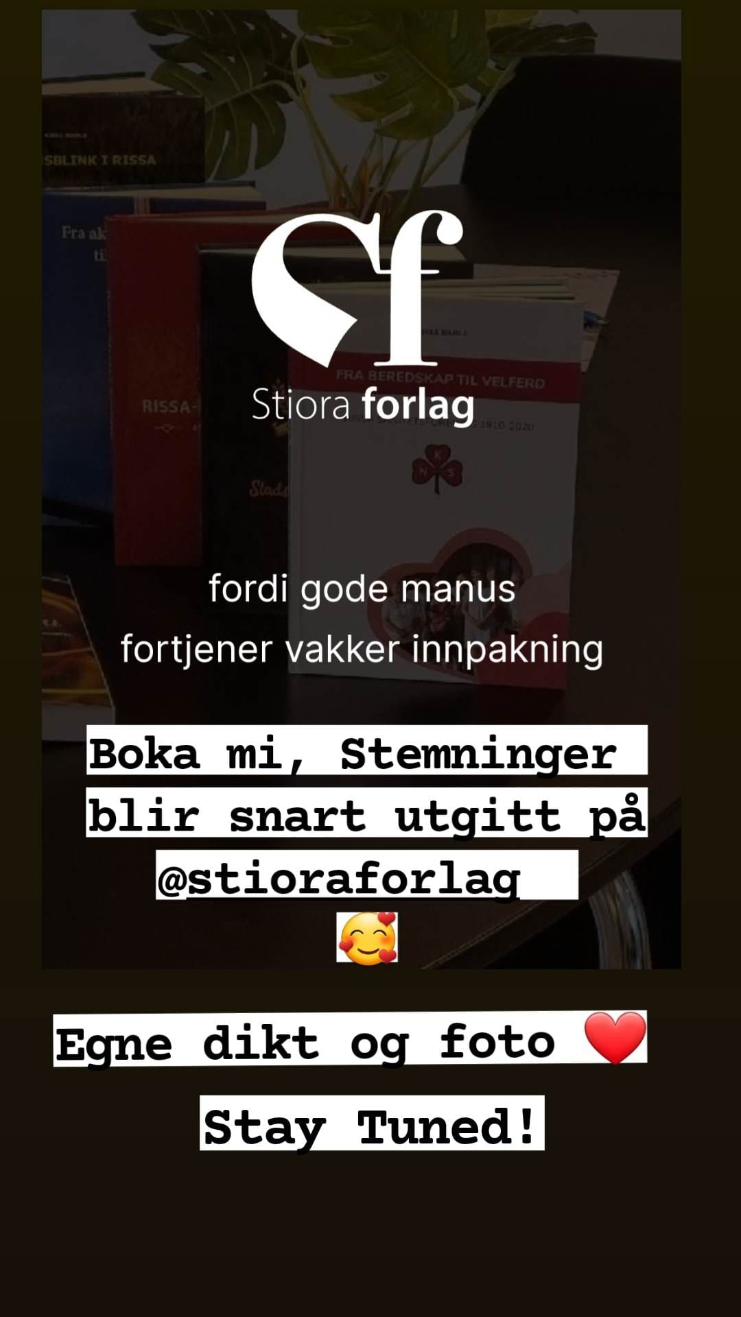 Hurra, boka mi gis ut på Stiora forlag